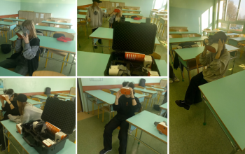 Powiększ obraz: kolaż pięciu zdjęć ukazujący uczniów w trakcie korzystania z gogli VR